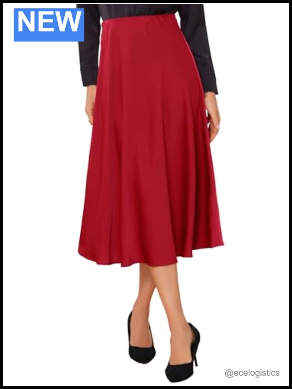 Satin Pleated A-Line High Waist Midi Skirt with Elastic Waistband